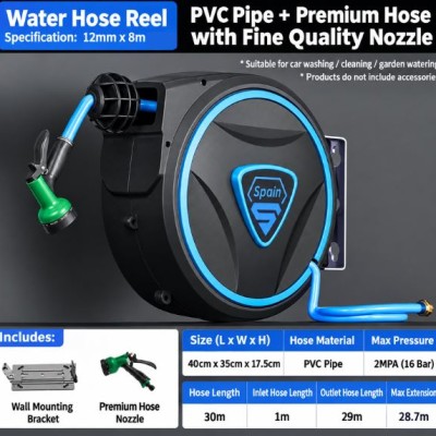 Water Hose Reel c w Blow Gun Kit Retractable air hose reel 20m x 8mm ID PU hose, wall mount, c w water gun set with assorted nozzles and quick couplers.
