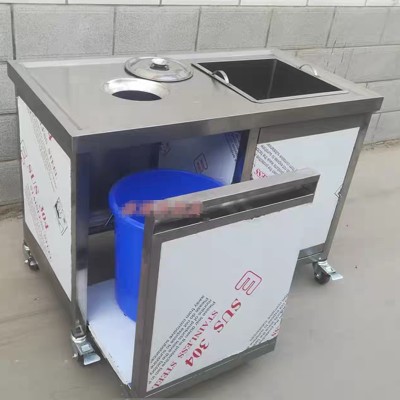 Stainless steel meal collection cart with trash can and plate collection compartment
