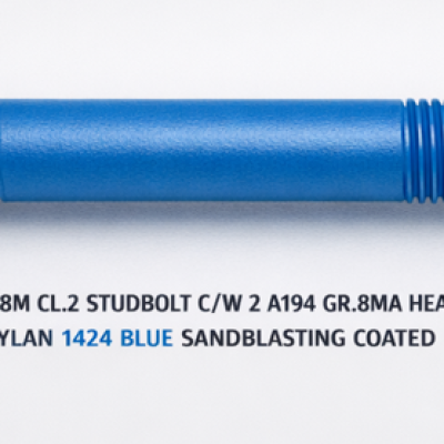 1-1 8" - 8UN X 200MM ASTM A193-B8M CL.2 STUDBOLT C W 2 A194 GR.8MA HEAVY HEX NUTS & 2 SS316 FLAT WASHERS-XYLAN 1424 BLUE SANDBLASTING COATED