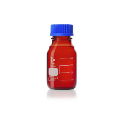 DURAN Original GL 45 Laboratory Bottle, amber, with screw cap and pouring ring, PP, blue, 250 mL