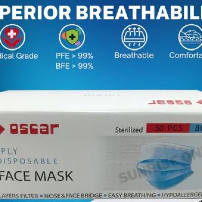 Oscar 3 Ply Medical Mask 3 Ply FM03 Adult Medical Face Mask (Earloop) Blue(50pcs) Surgical Face Mask
