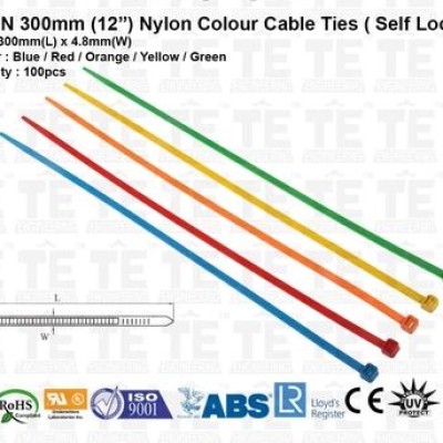 100pcs of 300mm (12) OK-IN Nylon Colour Cable Ties ( Self Locking ) Blue   Red   Orange   Yellow   Green