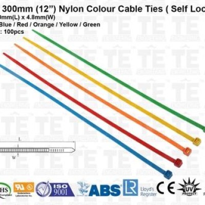 100pcs of 300mm (12) OK-IN Nylon Colour Cable Ties ( Self Locking ) Blue   Red   Orange   Yellow   Green