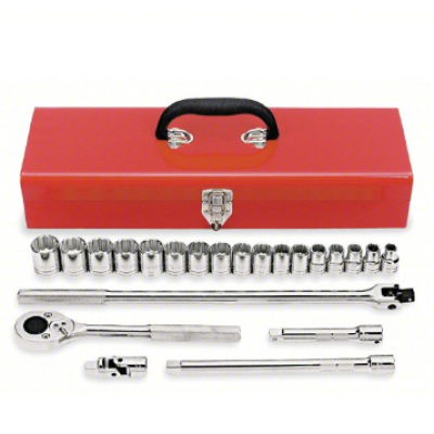 PROTO Socket Wrench Set: 1 2 in Drive Size, 22 Pieces, 10 mm to 26 mm Socket Size Range, Chrome,J54210A