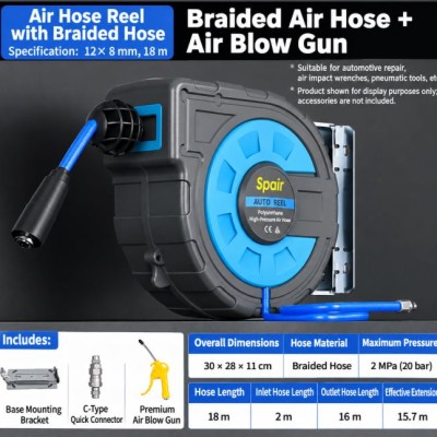 Air Hose Reel c w Blow Gun Kit Retractable air hose reel 18m x 8mm ID PU hose, wall mount, c w blow gun set with assorted nozzles and quick couplers.