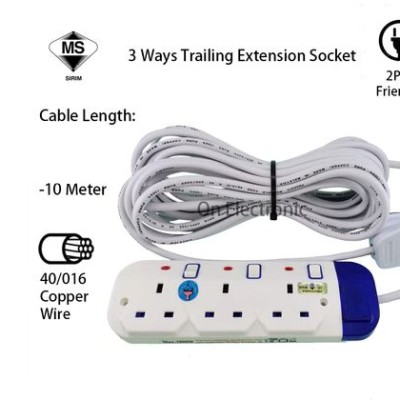 10 METER 3 4 5 GANG TRAILING SOCKET EXTENSION SOCKET 3C 40 016 Flexible Cable 100% Pure Copper FOR malaysia SIRIM