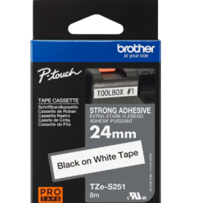 Brother TZE-S251 Black On White Tape  24 mm x 8 m