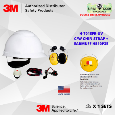 DOSH and SIRIM Approved JKKP 2022 12-01 00007 3M SecureFit Hard Hat H-701SFR-UV, White, 4-Point Pressure Diffusion Ratchet Suspension, with Uvicator with 3M PELTOR Optime I Earmuffs H510P3E-405-GU, 26dB, Yellow, Helmet Mounted