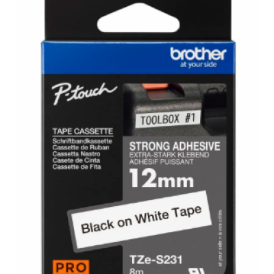 Brother TZE-S231 Label Printr Tape, TZE Series, Adhesive, Laminated, Black on White, 12mm x 8 m