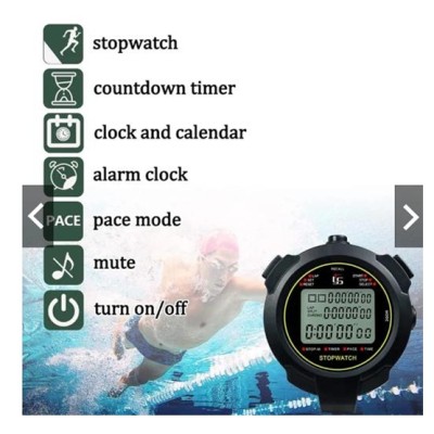 Digital Sports Stopwatch, 10Lap  Split Memory Stopwatch Count Down Timer, Large Display Waterproof 12 24 Hour Clock