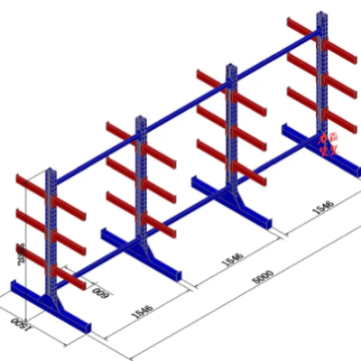 Heavy-duty double-sided rack (3000L x 1500W x 2225H, including base), 4 levels, load capacity of 2.8 tons per level.