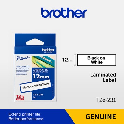 Brother TZe-231 Black on White 12mm Strong Adhesive Laminated Label Tape 8M