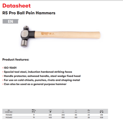 Steel Ball-Pein Hammer with Ash Wood Handle, 528g