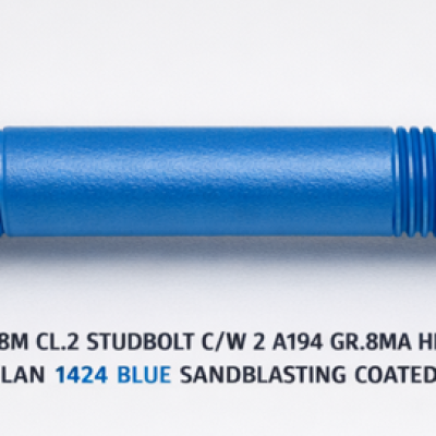 1-1 4" - 8UN X 200MM ASTM A193-B8M CL.2 STUDBOLT C W 2 A194 GR.8MA HEAVY HEX NUTS & 2 SS316 FLAT WASHERS-XYLAN 1424 BLUE SANDBLASTING COATED