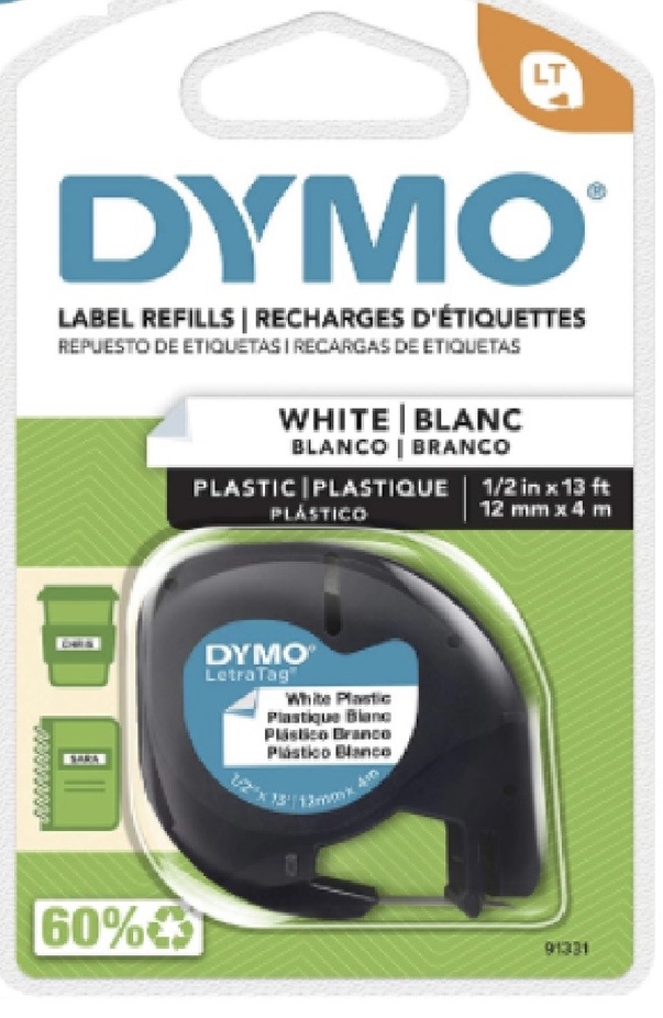 DYMO LETRATAG TAPE PLASTIC, 12MM X 4MM, WHITE