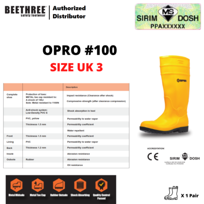 OPRO 100 Yellow Industrial Safety Wellington Boot (SIRIM & DOSH Certified), Size UK 3