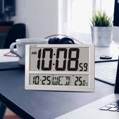 Seiko Digital Large LCD Silver Plastic Case Wall Clock QHL080S