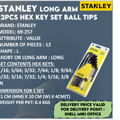 STANLEY 69-257 LONG ARM  12PCS HEX KEY SET BALL TIPS