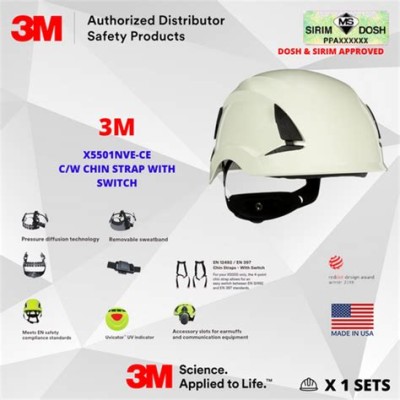 3M Dosh and Sirim 3M SecureFit Safety Helmet, X5501NVE-CE, Non-vented, White, CE with 3M Standard 4-Point Chin Strap with Buckle and Selector for SecureFit Safety Helmet X5000 Series X5-S4PTCS2