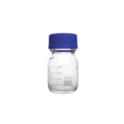 Lab Bottle 100 mL, Clear Glass GL 45, Blue Cap, D-56 x H-110 mm, Soda Glass (X5)