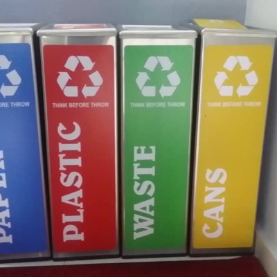 *STAINLESS STEEL FLIP TOP RECYCLE BIN SET C W STICKER (4 BIN SET 51L)