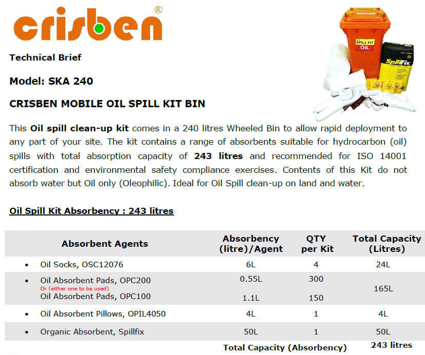 Crisben SKA 240 200L Wheeled Bin Oil Spill Kit