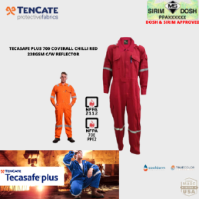 TECASAFE PLUS 700 COVERALL CHILLI RED 238GSM C W REFLECTOR Shell logo 2 in wide embroidery (Size: L)