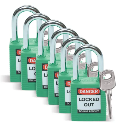 Green Brady LOTO-8 Key Weatherproof Nylon, Steel Security Padlock, 6.35mm Shackle, 38.10mm Body (6 packs)