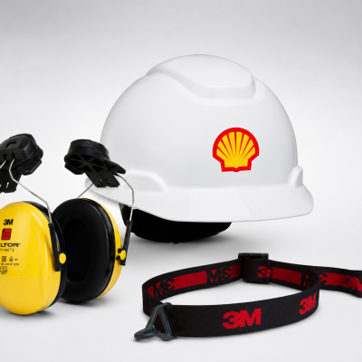 3M H701SFR-UV White Hard Hat + 1990 chinstrap with 3M Peltor H510P3E-405-GU Earmuffs with SHELL Logo