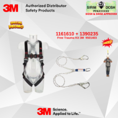 3M Fall Protection Kit  Harness, Twin-Leg Lanyard & Free Trauma Straps (Model: 1161610 + 1390235 + 9501403)