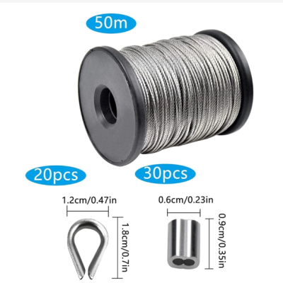 50m Wire Rope 1.5mm Stainless Steel Picture Hanging Cable, 30pcs Aluminum Crimping Sleeves