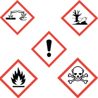 Water-proof, chemical and UV resistant hazard pictogram stickers