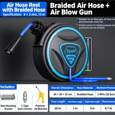 Air Hose Reel c w Blow Gun Kit Retractable air hose reel 10m x 8mm ID PU hose, wall mount, c w blow gun set with assorted nozzles and quick couplers.