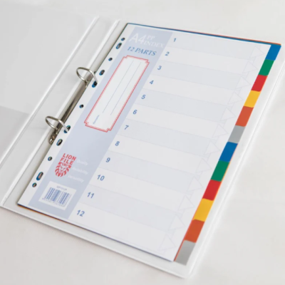 LIONFILE A4 12 COLOURED tab Index Dividers 0.13mm PP