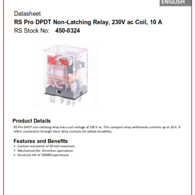 *RS PRO Plug In Power Relay, 230V ac Coil, 10A Switching Current, DPDT