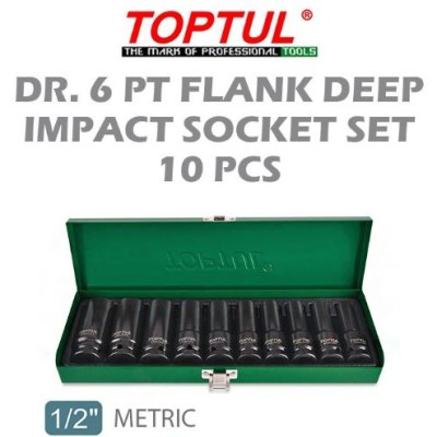 TOPTUL 10 pcs 1 2" Dr. 6PT Flank Deep Impact Socket Set - METRIC (GDAD1002)