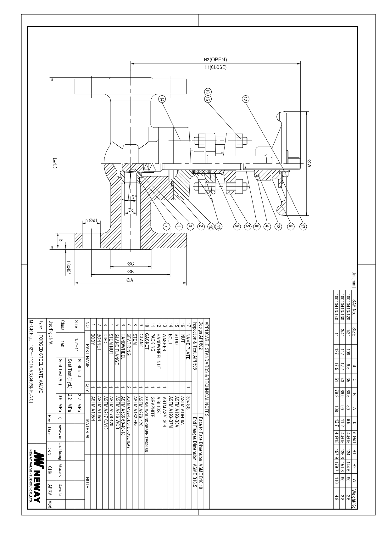 NEWAY GATE VALVE, REDUCED PORT,  ANSI 150, A105N BODY, TRIM 8, FLANGED ENDS RF HANDWHEEL OPERATED, NACE MR-01075 & MR-0103, SIZE : 1      /      2"  OFFER AS PER DRAWING OFFER W      /      O COMPLY TP PMRC STANDARD