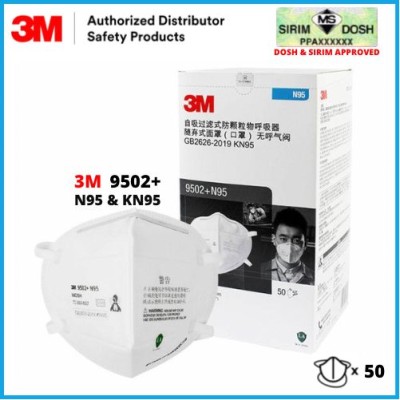 3M 9502+ N95 Vertical flat-fold design, adjustable noseclip for secure seal, 50 pcs box