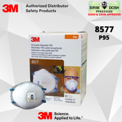 Sirim and Dosh Approved 3M Particulate Respirator 8577 GP2 P95 with Valve and Nuisance Level Organic Vapour Relief (10 pcs box)