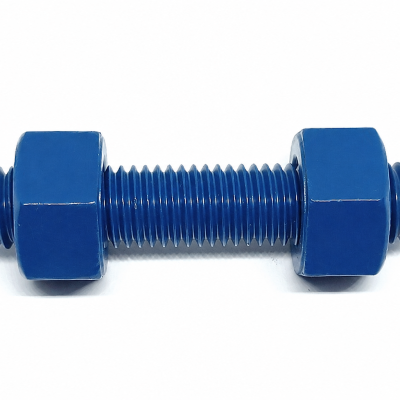 STUDBOLT ASTM A193 Gr. B7 (ANSI B18.2.1) C W 2 units of HEAVY HEX NUT ASTM A194 Gr. 2H (ANSI B18.2.2) - ZINC NICKEL PLATED WITH FLUOROCARBON "MasterNiZCote" 1070 BLUE 1 2 in - 13UNC x 100.00 MM